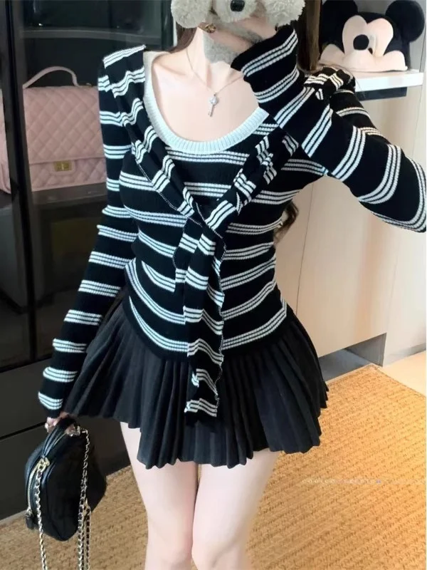 

Уникальный вязаный топ с воротником в полоску и воротником-стойкой ранней осенью, облегающий топ ort Sve Long Sve для женщин, дизайн Sensation