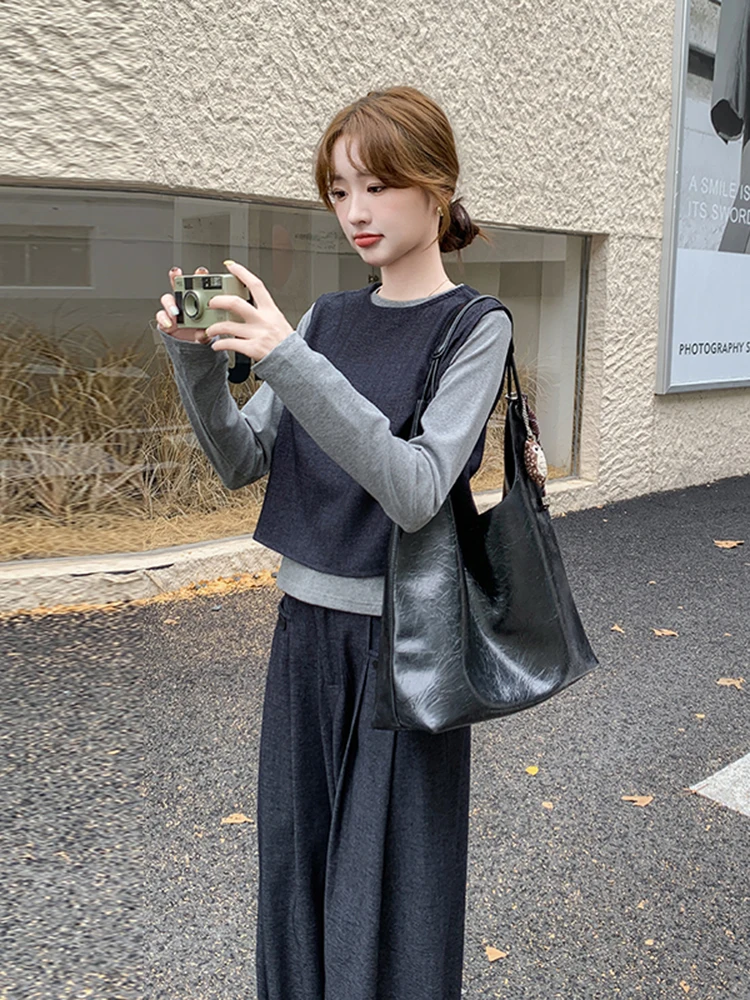 

Fashionable Korean Style Slimming Vest Base Shirt Set Women's Loose Casual Long Pants Three-piece Spring Autumn New Arrival