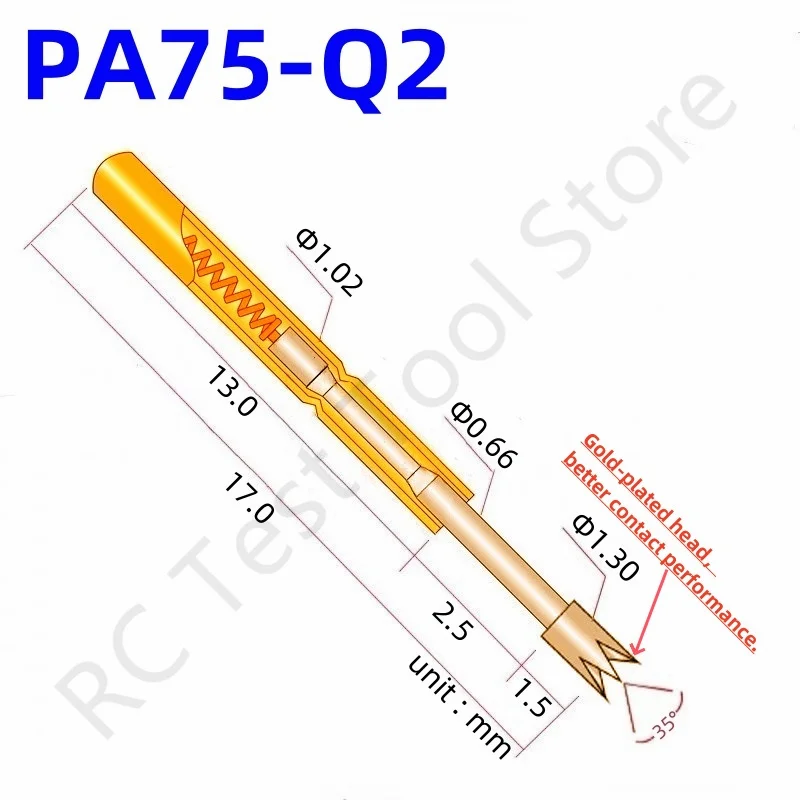 

100PCS PA75-Q2 Spring Test Probe Test Pin Pogo Pin P75-Q2 P75-Q ICT FCT PCB Test Tool 1.30/1.02/17.0mm Gold Needle Crown Tip