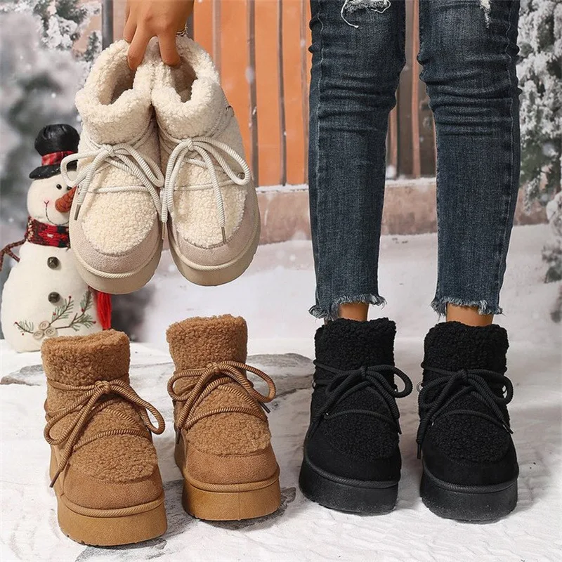 

Winter New Thick Snow Boots Women's Round Head Sleeve Splicing Suede Front Strap Anti-slip Wear-resistant Short Boots