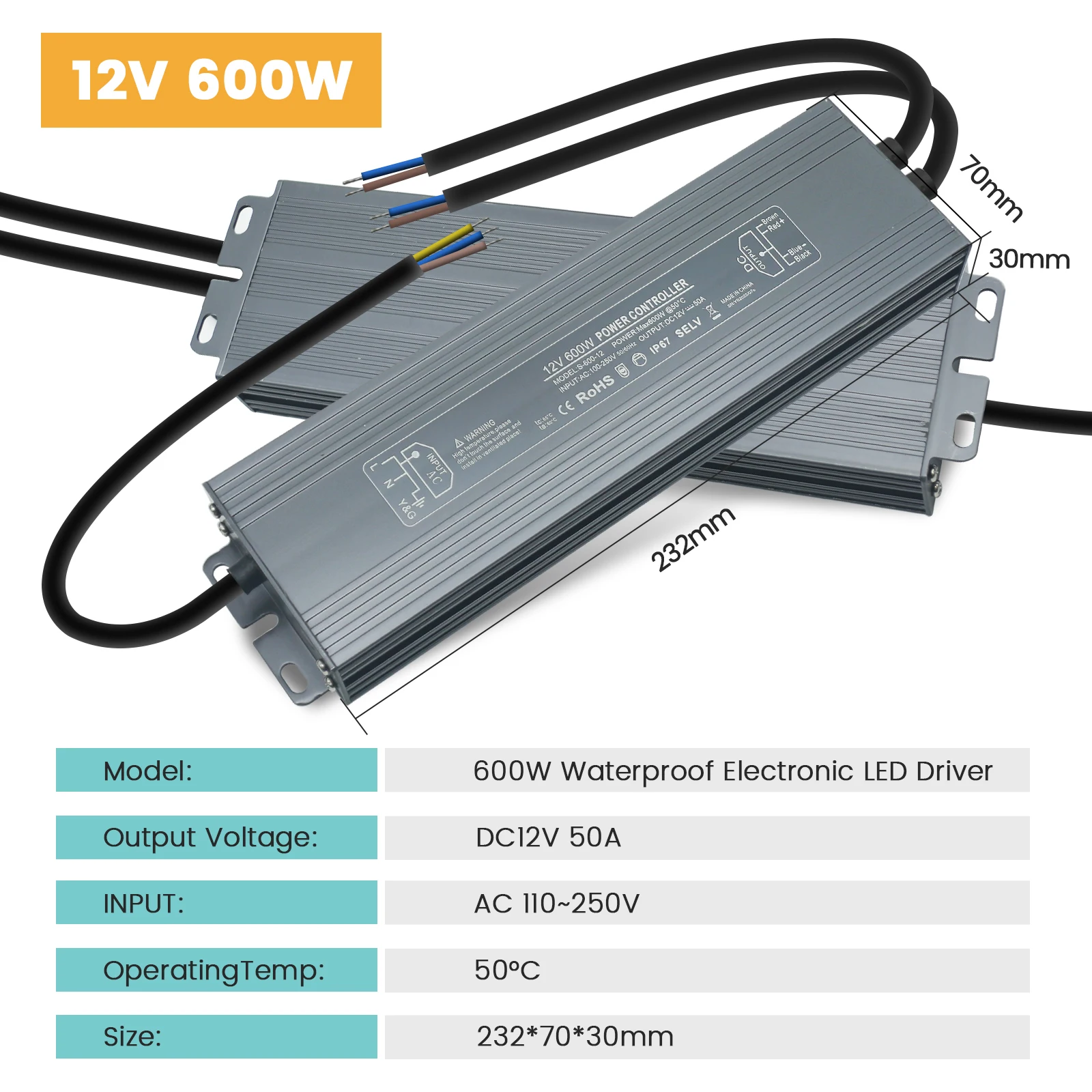 IP67 Wasserdichter LED-Netzteiltreiber AC 110 V 240 V auf DC 12 V 24 V 36 W 60 W 80 W 100 W 300 W 400 W 500 W 600 W Transformator-Adapter