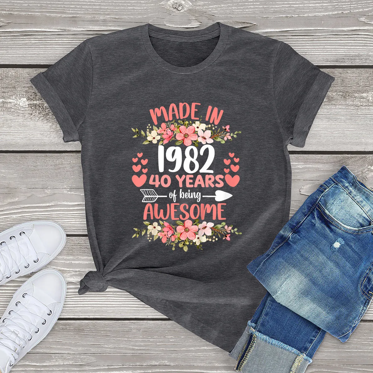 

100% Cotton Made In 1982 Floral 40 Year Old 40th Birthday Gifts Women Casual Flowers T-Shirt Harajuku Tee Fashion Summer Shirt