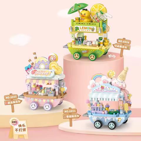 Idea Mini Block City Mobile Vendor Building Brick Ice Cream Lemon Tea Dessert Cart Figures Educational Toys For Kids Gifts