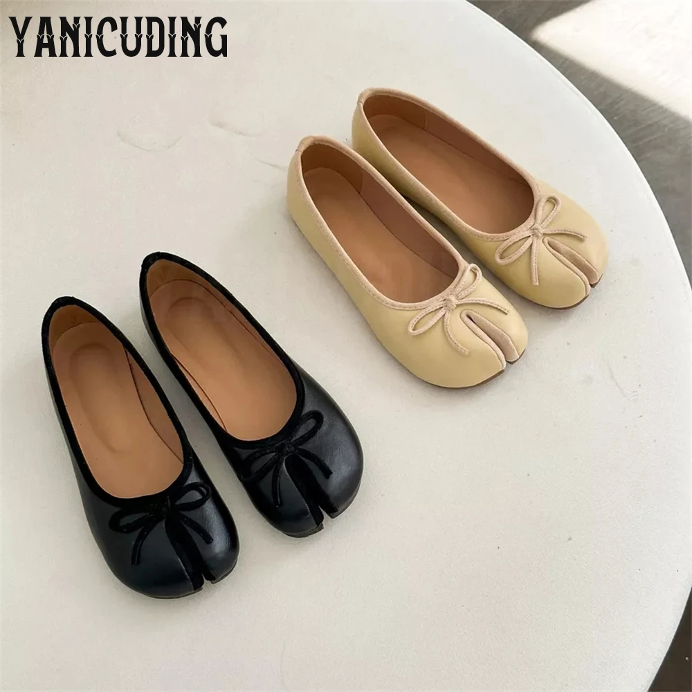 

Cute Butterfly Knote Tabi Flats Comfortable Black Leather Split Toe Ballerinas Novelty Designer Style Handmadeshoes for Women