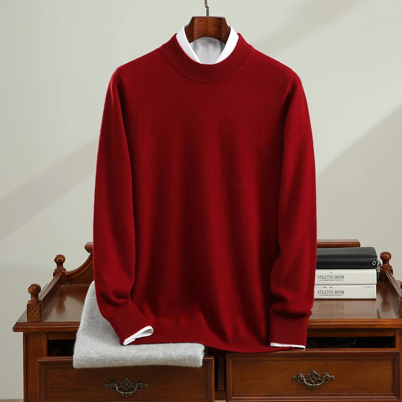 Men's Half-High Collar 100% Cashmere Sweater Autumn New Solid Color Knitted Pullovers Business Casual Loose Shirt Cashmere Top