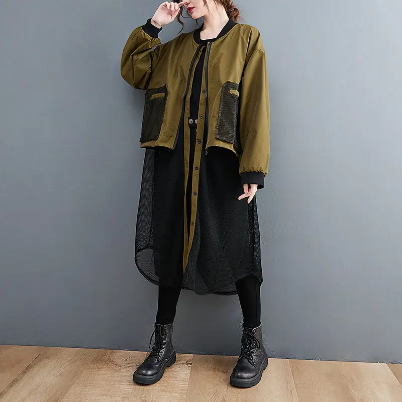 Losse Ontwerp Stiksels Mesh Stand-Up Kraag Baseball Uniform Mid-Lengte Trenchcoat Vrouwen Lente Herfst Trend tops H2364