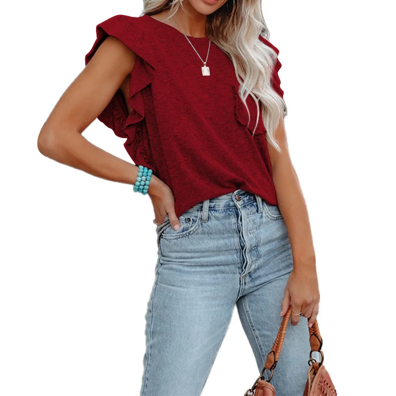 New European and American style women's round-neck ruffle top short-sleeved female T-shirt