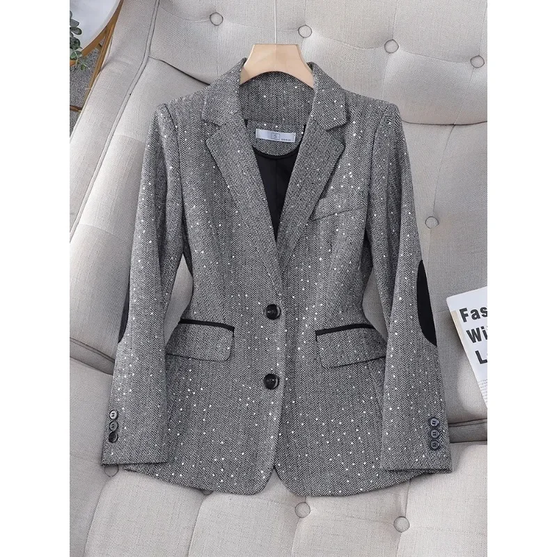 Blazer feminino de peito único, jaqueta casual feminina, cinza e café, manga longa, moda feminina, outono e inverno