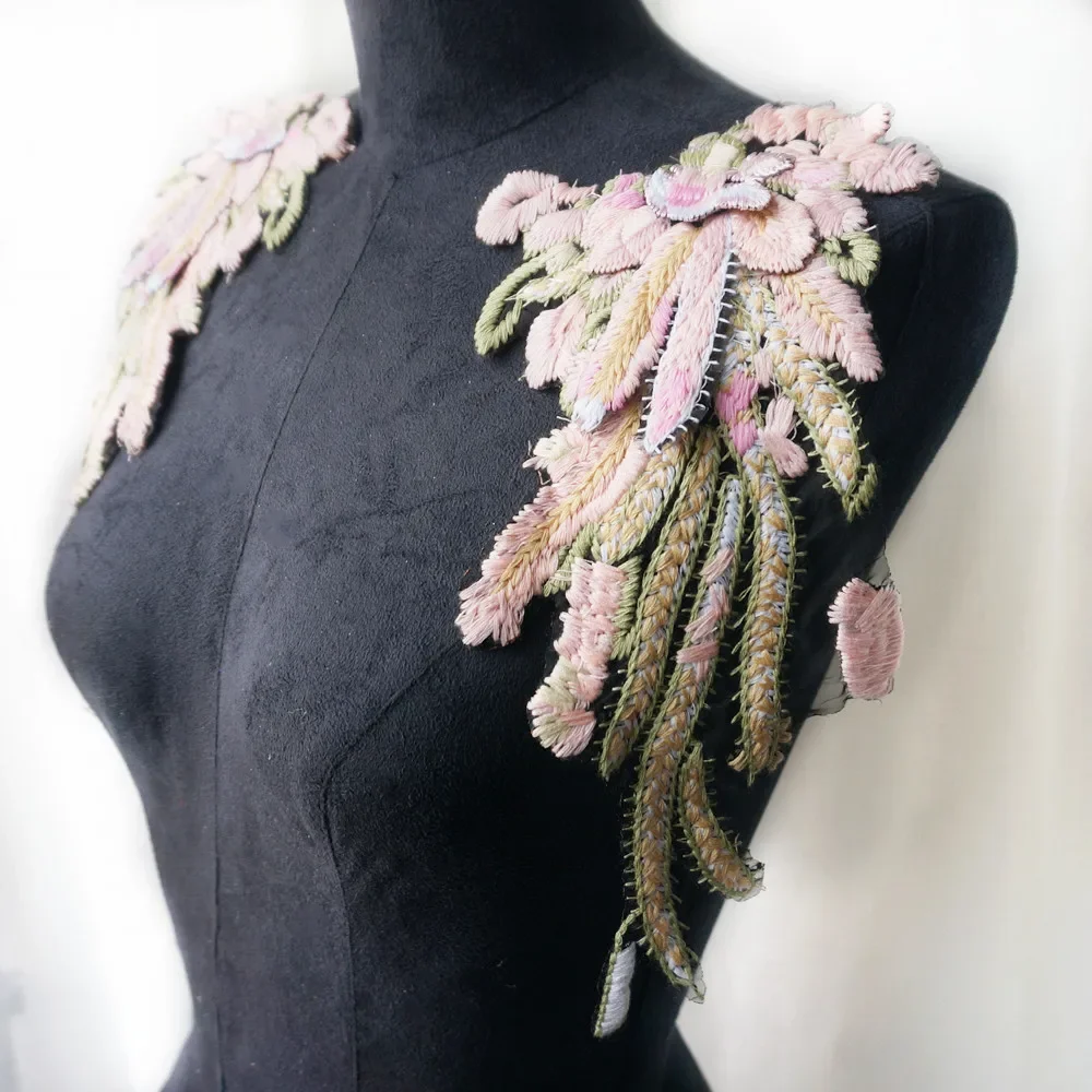 2PCS Colorful Embroidery Angel Wing Applique Sewing Flower Collar Patch Wedding Party Gown Bridal Dress Clothes DIY