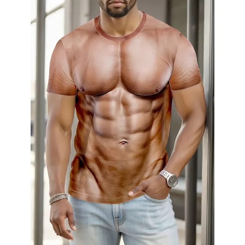 3D Digital Print 2026 Fun Retro Faux Muscle T Shirt Men Quick Dry Breathable Large Size Short Sleeve Outdoor Street Cosplay