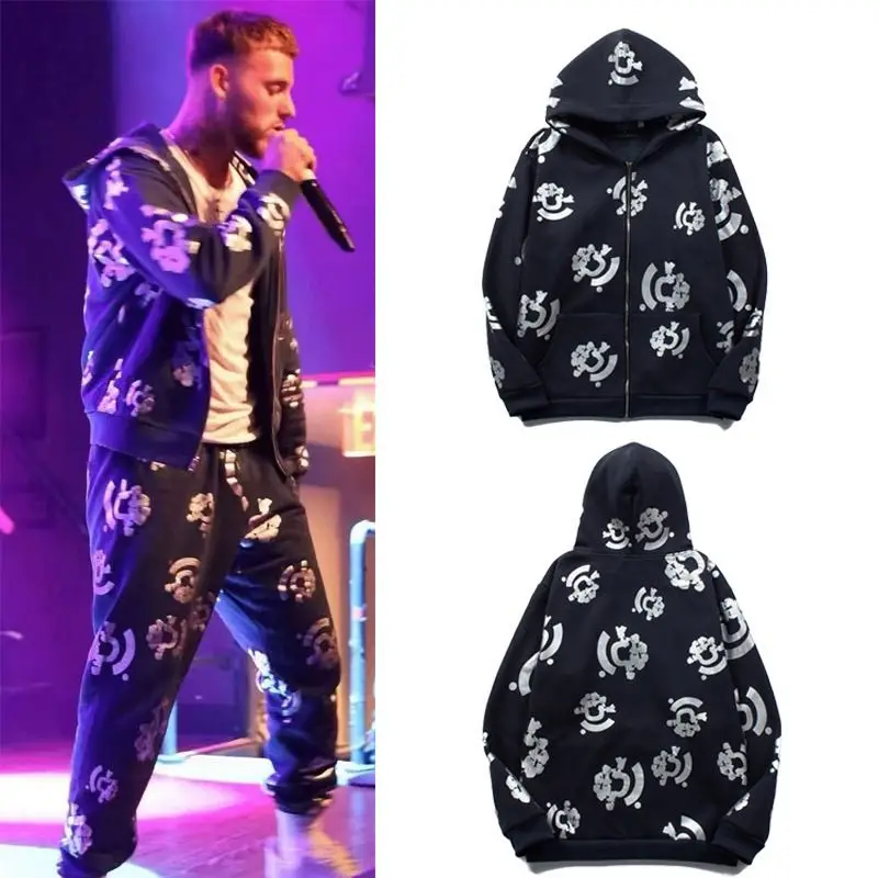 DENIM TEARS 2025 New Men's and Women's Same High Street Kapok Print Zipper Terry Hip-hop Long-sleeved Hooded Jacket