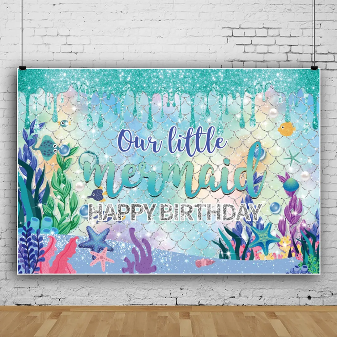 

Mermaid Party Backdrop for Children Girls Happy Birthday Decorations Photography Studio Props Banner Background Supplies
