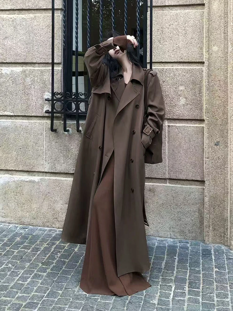 معاطف الخريف الكورية ميدي النساء Y2K موضة مزدوجة الصدر سترة فضفاضة Harajuku أنيقة هيبورن نمط كل مباراة ملابس خارجية طويلة