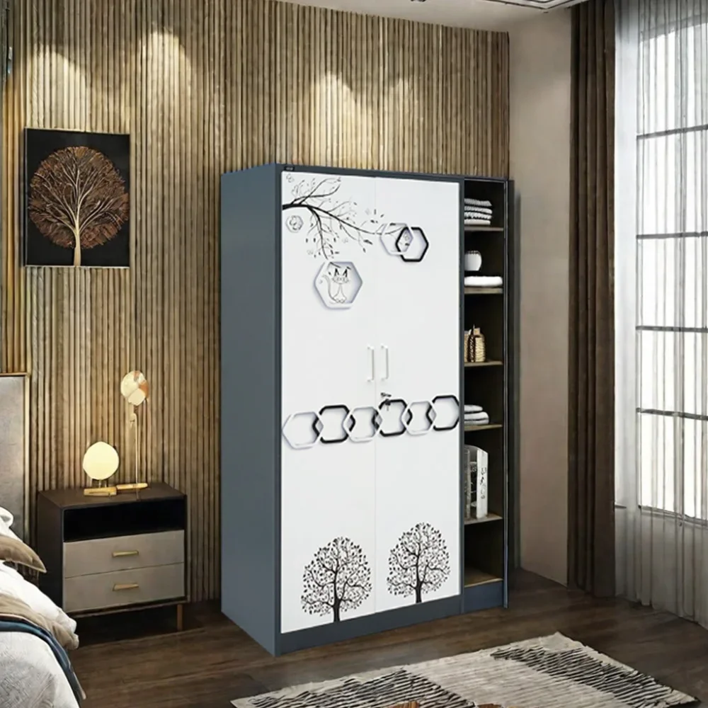 

#For Modern Double-Door Foldable Steel Wardrobe with Mirror Flower Transfer Almirah Cabinet for Home Laundry Bedroom Furniture