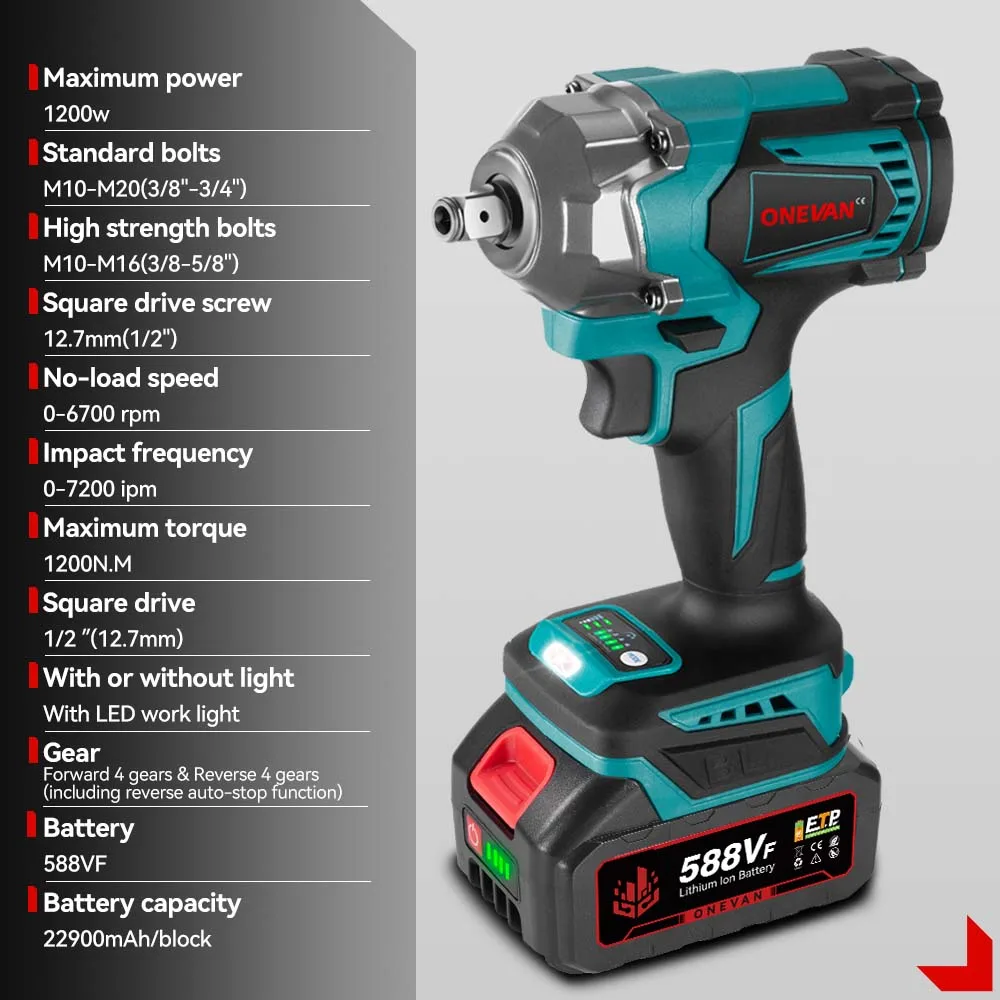 ONEVAN 1200 N.m Brushless Electric Impact Wrench 1/2\'\' Cordless 3 Funtion Electric Screwdriver Drill Tool For Makita 18V Battery