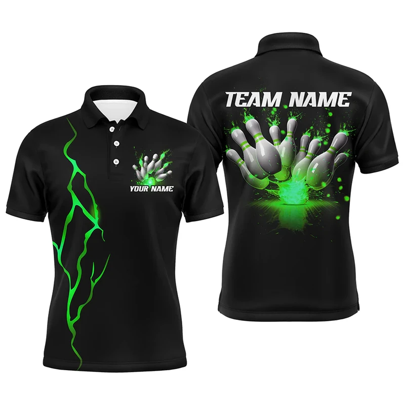 Fashion Lightning Bowling Graphic Polo Shirts For Men Custom Name 3D Printed Lapel Button Polo Shirt Trend Streetwear Sports Tee