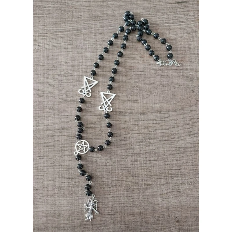 Baphomet Rosary Necklace Satanic Leviathan Rosary Necklace Lucifer Sigil Small Rosary Necklace Black Beads