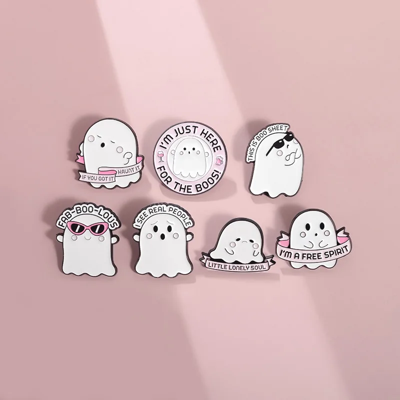 Halloween Cute White Ghost Magic Hat Enamel Brooch Cartoon LITTLE LONELY SOUL Metal Badge Punk Hamburger Lapel Pins Jewelry Gift