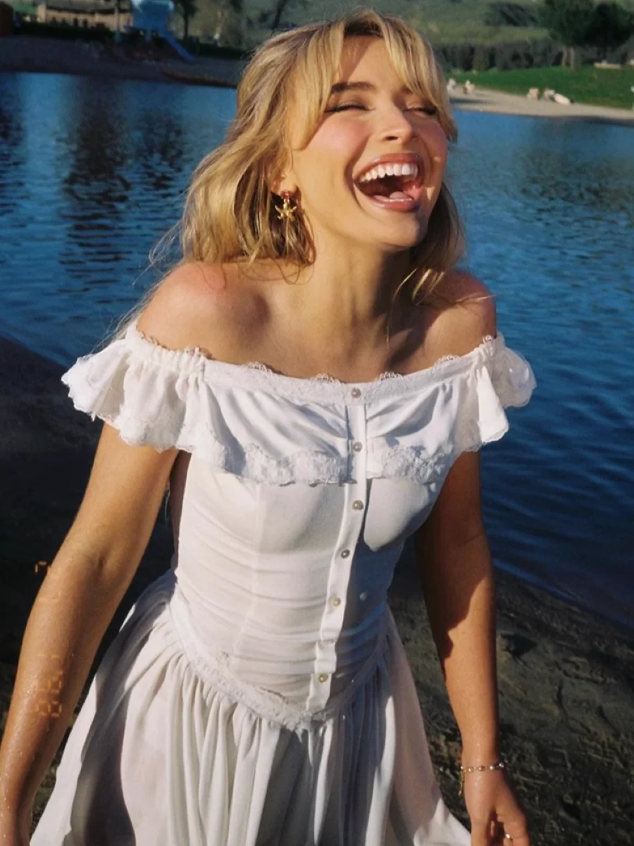 

2025 New Women Strapless Dress Lace Embroidery Patchwork Slash Neck High Waist Single Breasted Sweet Ladies Mini Robe