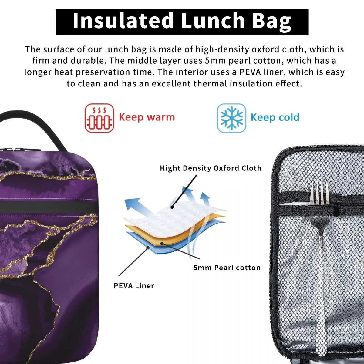 Purple Faux Marble Abstract Landscap Insulated Lunch Bag for Women Kids Leakproof Food Boxes Thermal Lunch Box Tote
