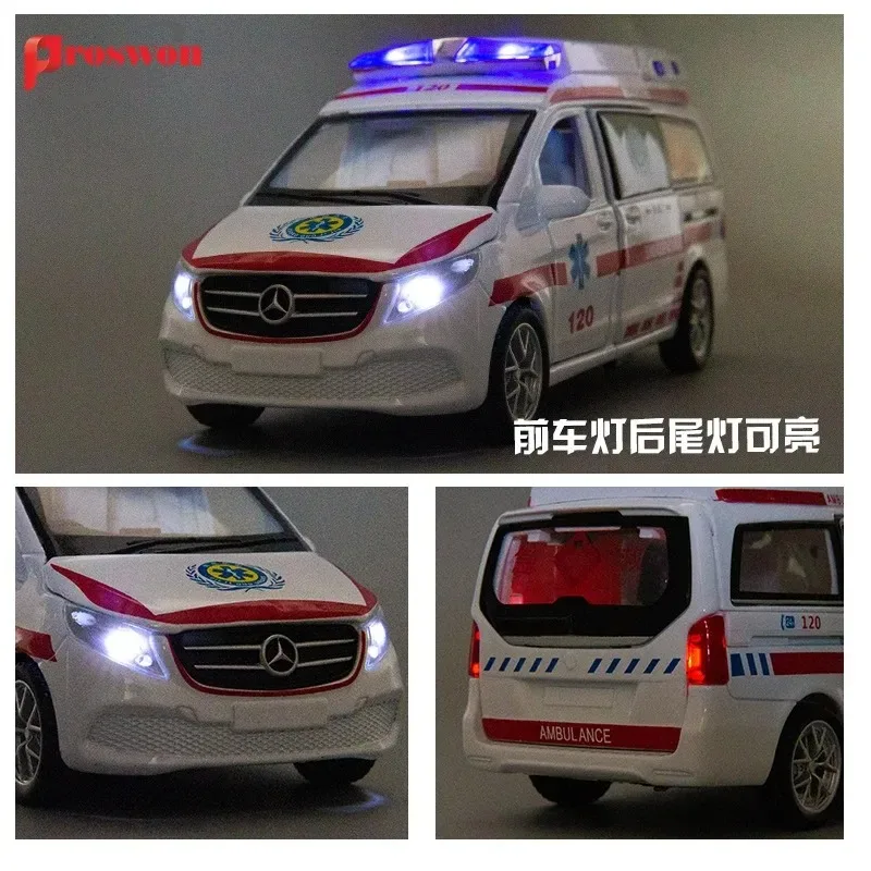 1:32 Mercedes Benz Emergency Ambulance 120 Diecast Metal Alloy Model Car Sound Light Pull Back Collection Kids Toy Gifts