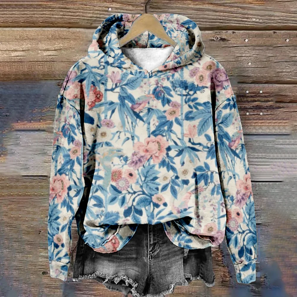 Fashion Hoodie for Women Flowers Print Harajuku Long Sleeve White Sweatshirt Casual