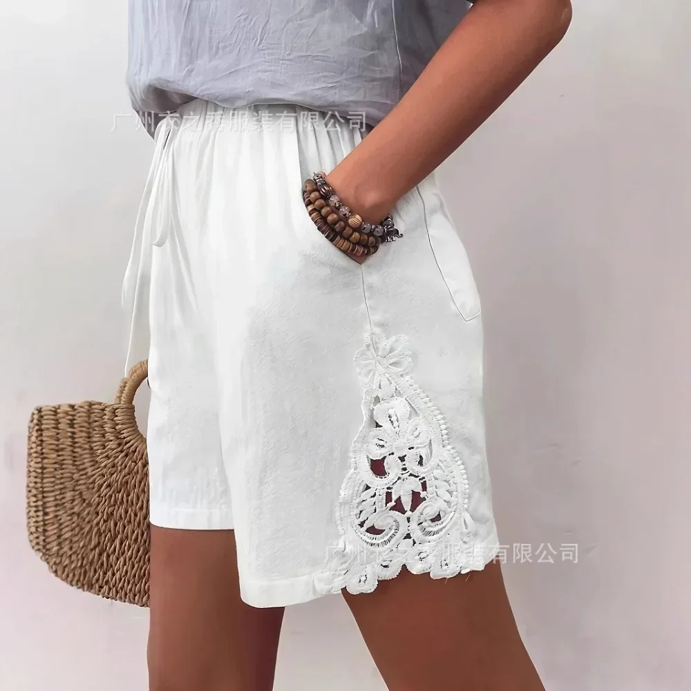 Women White Linen Shorts Lace Embroidery Hollow Jacquard Patchwork Summer Casual Soft Breathable Flattering Comfy Versatile New