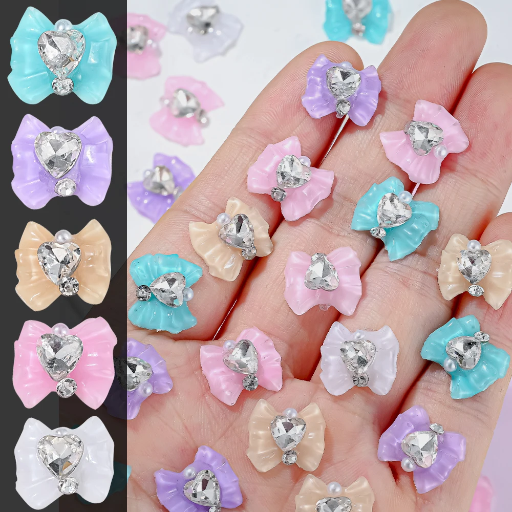 10Pcs/Bag Crystal Glass Bowknot Nail Art Charms 3D Shinny White Heart Shaped Diamond Gem DIY Nail Decor Rhinestones 14*12.5mm &#