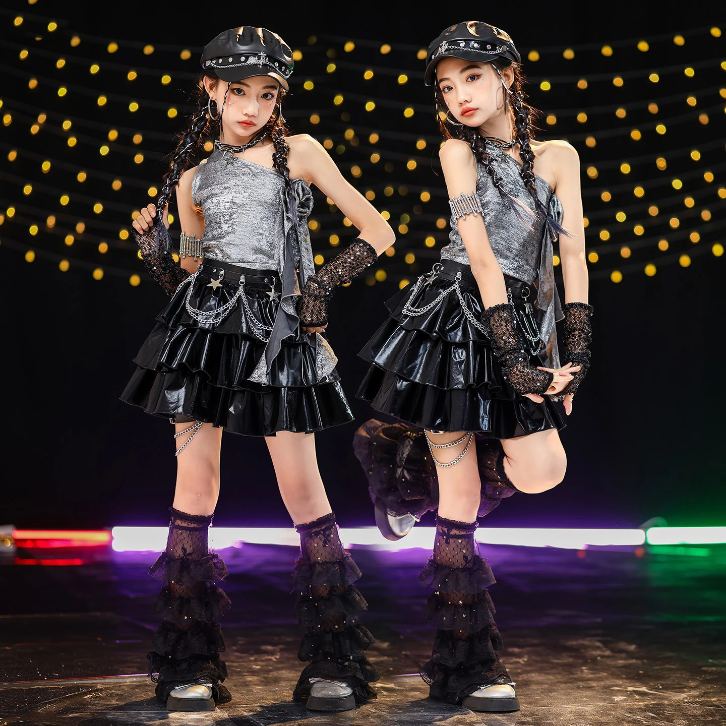 

Детский костюм для джазовых танцев 2025 года, серебряные топы для девочек, черная кожаная юбка, летняя одежда для выступлений в стиле хип-хоп Kpop, сценическая одежда BL16708
