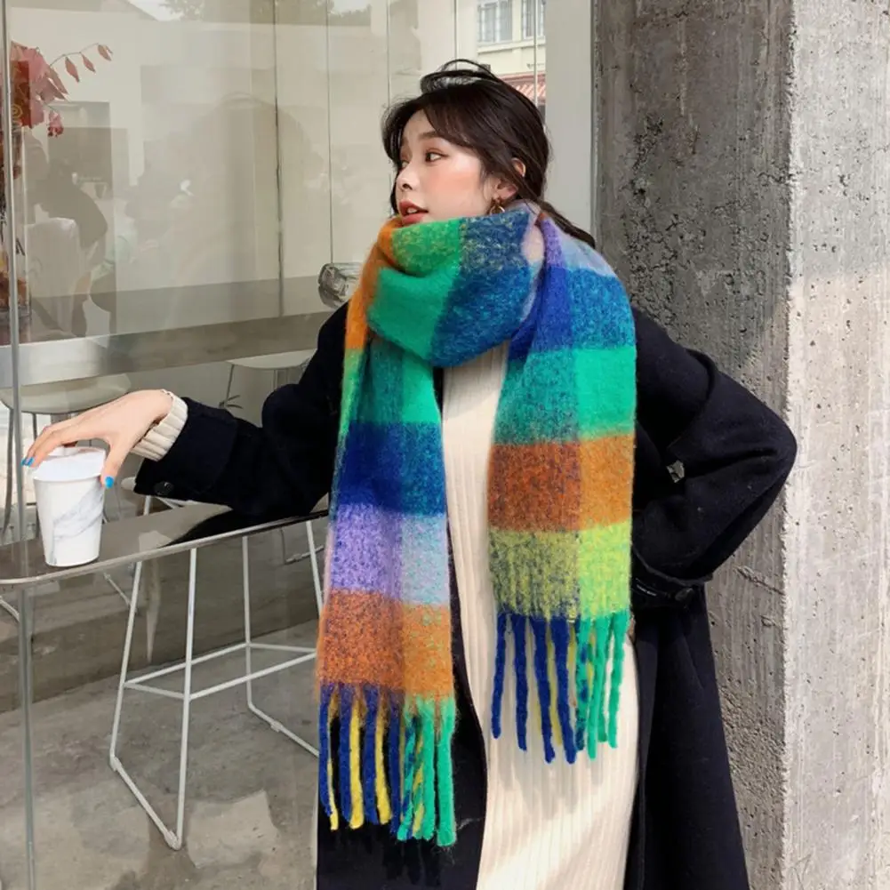 Women Winter Scarf Colorful Colorblock Tassel Decor Neck Scarf Thick Plaid Print Wide Long  Unisex Men Winter Scarf