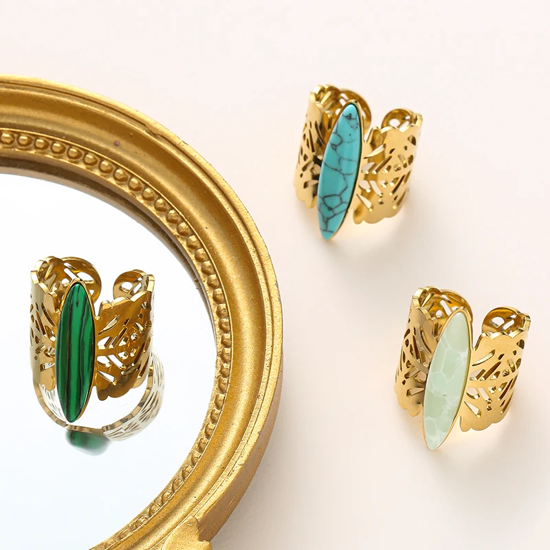 Gold Color Wide Butterfly Pattern Ring Stainless Steel Natural Stone for Women Opening Adjustable Jewelry Gift Wholesale image 2