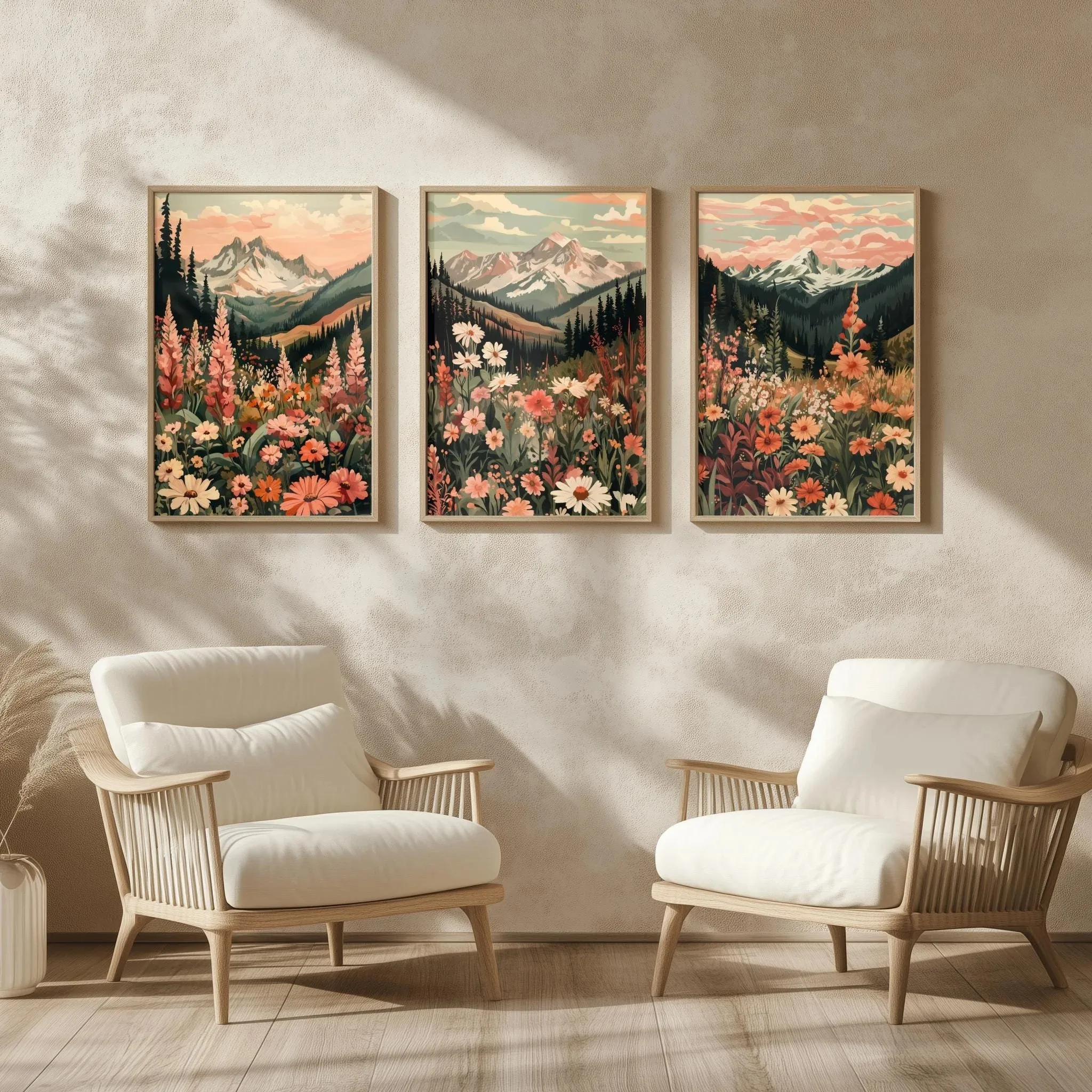 

Three bohemian daisy mountain sunset landscape paintings. Bohemian sunset print. Burnt orange wild daisy poster. Home decor.