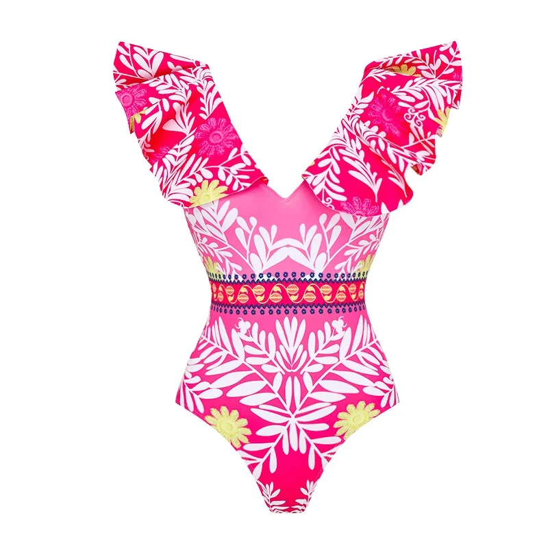 

2024 V Neck Ruffle One Piece Swimsuit Swimwear Women Beachwear Luxury Bathing Suit Printed Bodysuit