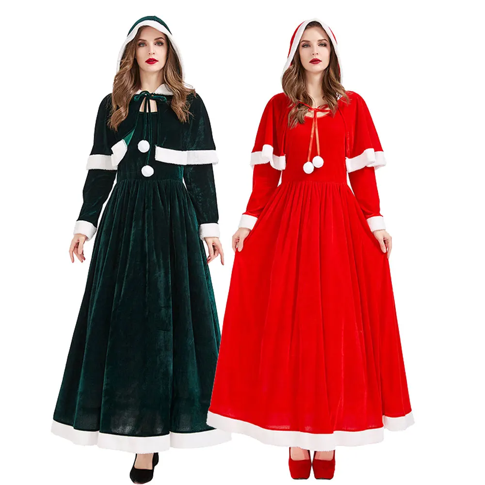 

Luxurious Christmas Dress Set Women Xmas Hooded Shawl Dress Long Sleeved Gown Festival Party Fairy Tale Cosplay Costume