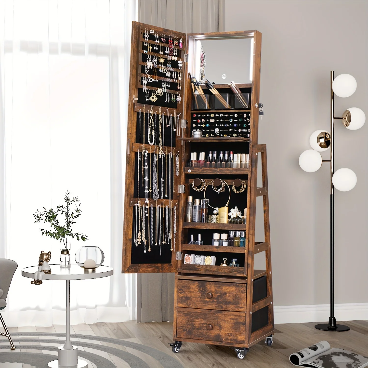 

Rotating Jewelry Armoire With LED, Full Length Mirror Large Capacity Jewelry Organizer Armoire, Lockable Floor Standing Mirror With Back Storage Shelves With Wheels Baskets, Bins & Containers