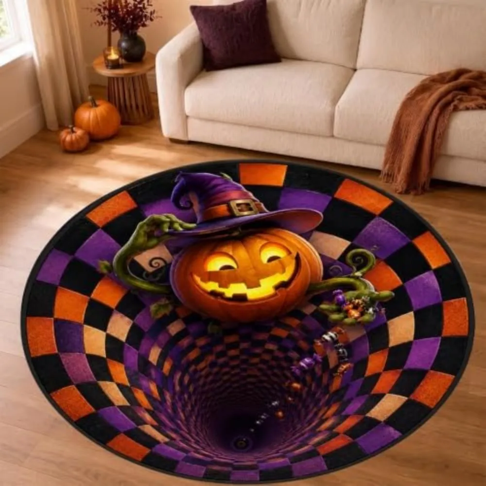 Halloween Witch Pumpkin Circle Rug Office Patio Checkered Carpet Living Room Sofa Corridor Mat Bedroom Bedside rug Home Decor
