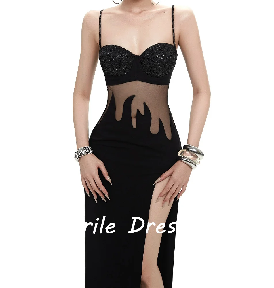 Strapless Spaghettibandjes Met Lovertjes Doorzien Mouwloze Schede Split Enkellengte Jersey Rugloze Avondjurken Aangepast Formaat