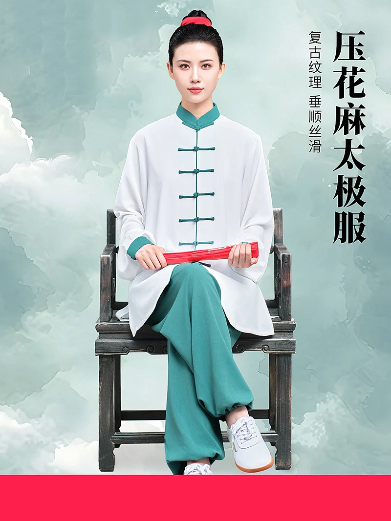 Women's 2026 New Arrival Spring Summer Lightweight Tai Chi Uniform - Embossed Linen White Blue Contrast for Ba Duan Jin Practice