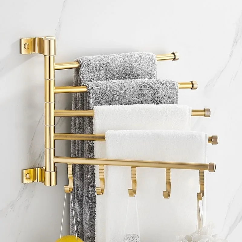 Golden towel rack rotating multi-rod with hook bathroom movable towel