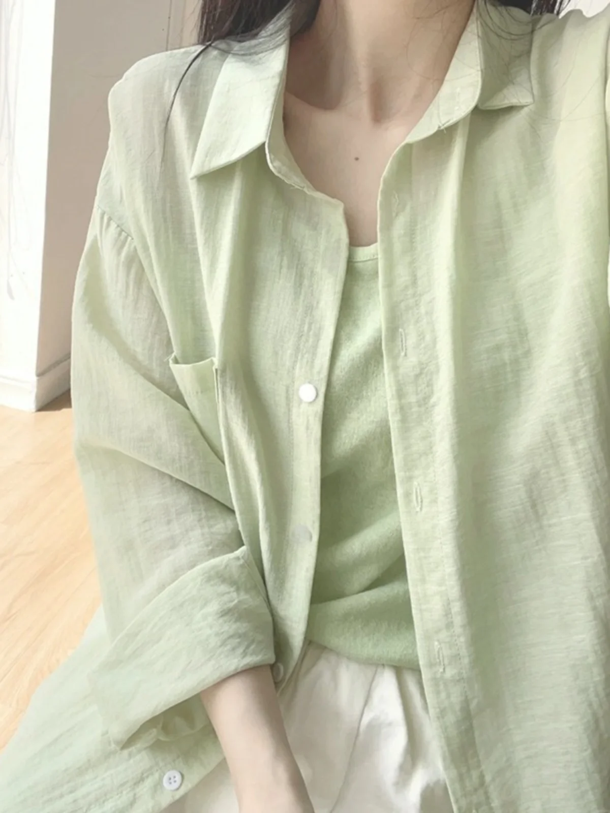 

Mint Green Long Sleeve Loose Neck Open Cardigan Women's Summer Casual Sun Protection Shirt Korean Style Commute Fashion