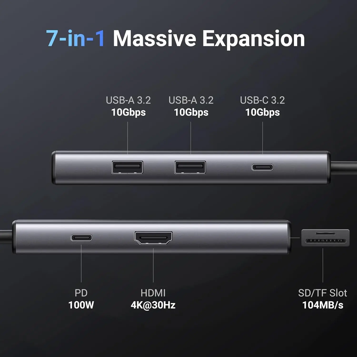 UGREEN Revodok Pro 107 Aluminum USB-C Hub 10Gbps USB 3.2 Gen 2 2 USB-A 3.2 4K 30Hz for 100W PD SD/TF Reader for MacBook Pro/Air