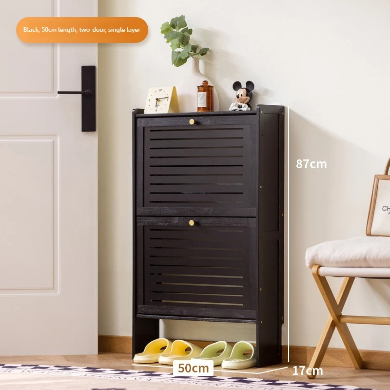 Minimaal ultradunne houten schoenenkast, moderne multi-laagse opklapbare schoenenrek, bamboe schuifdeur wandkast