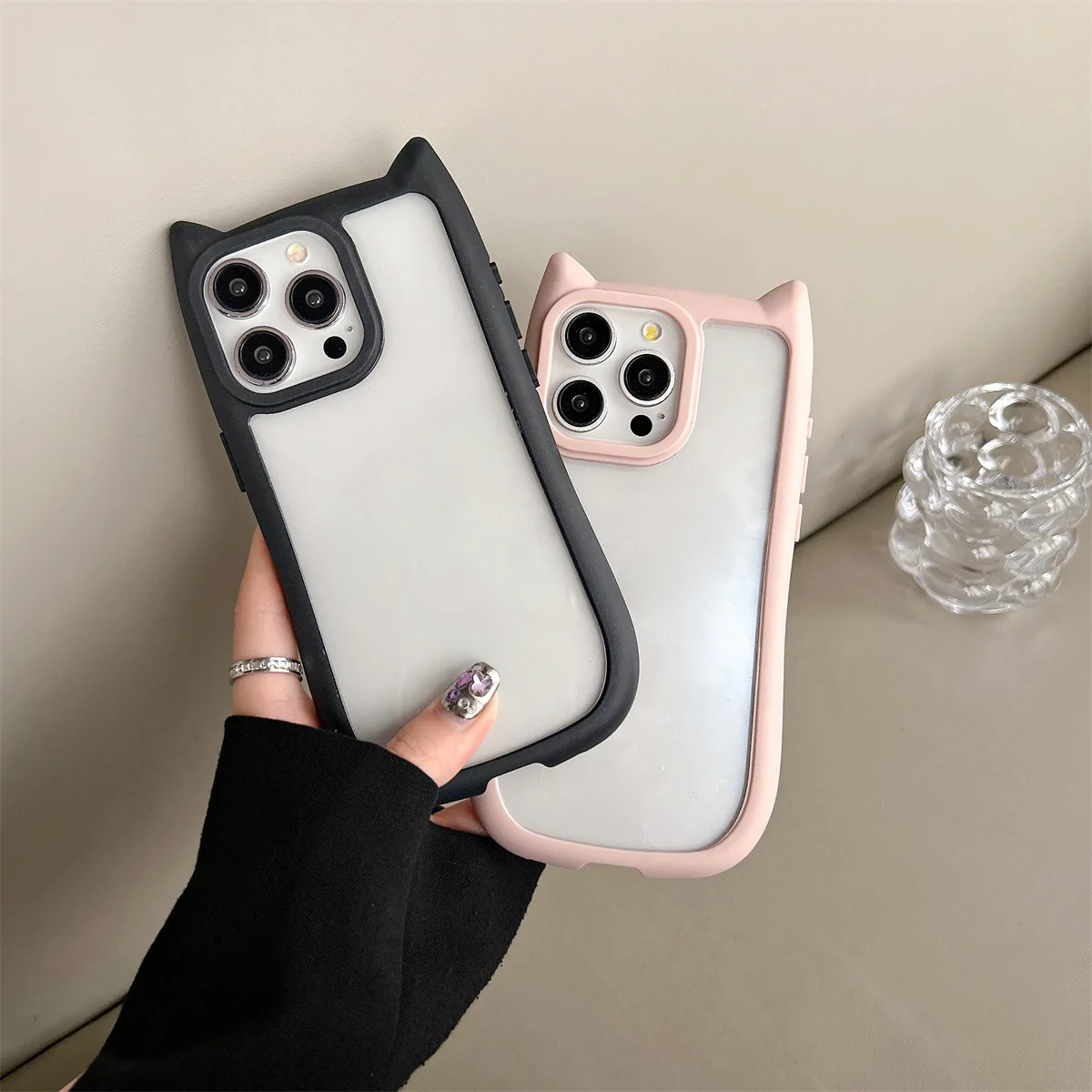 Cute 3D Cat Ear Phone Case For iPhone 15 14 Plus 13 12 Mini Pro Max 11 Cartoon Lovely Kitten Shockproof Clear Protector Cover