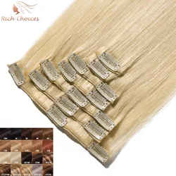 Opções ricas 7 Pçs/set Striaght Grampo Em Extensões Do Cabelo 100% Grampos Grampo Em Perucas de Cabelo Humano Natural Castanho Loiro