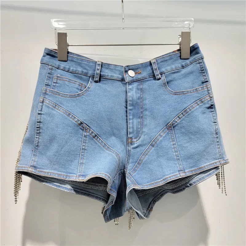 Chic Crystal Diamonds Tassels Splicing Hot Denim Shorts Female Slim Waist Tight Rhinestones Fringed Jeans Pants Cowboy Trousers