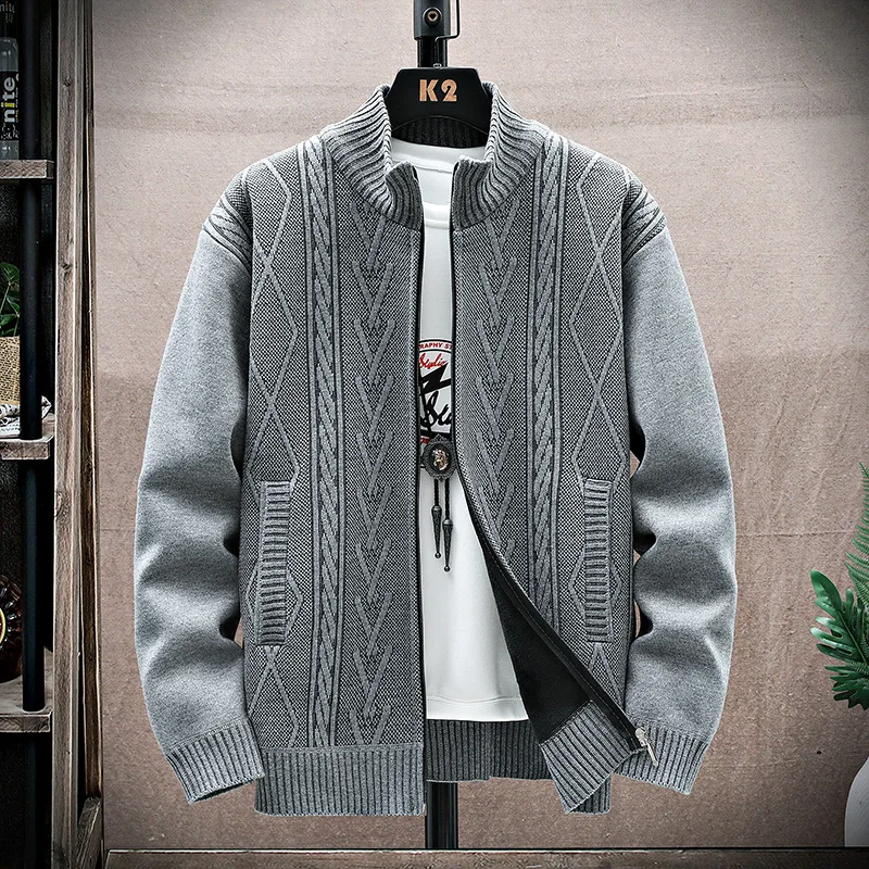 Fashion Mens Zip Sweaters Fleece-lined Cardigan Casual Men\'s Knitted Sweater Coat Autumn Winter