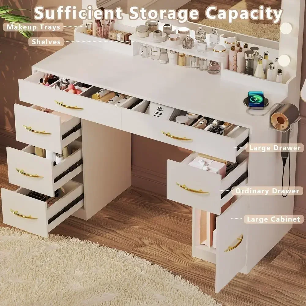 Adjustable 3-Color LED Makeup Vanity Desk with Large Mirror, White Desk with Outlets and Storage for Bedroom Dressing Table