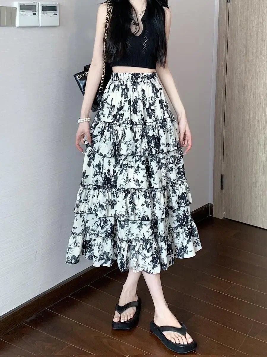 

Женская юбка миди с разрезом и цветочными рюшами, высокая талия, повседневная V-образная одежда, тренд 2024, летние винтажные юбки премиум-класса трапециевидной формы для женщин