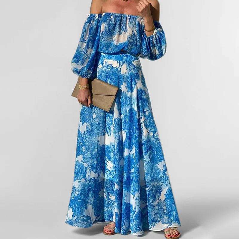 

SKMY 2025 Spring New Women Clothing Elegant Slash Neck Off Shoulder Long Sleeve Cro Tops And Skirt Two Piece Sets Floral Printed