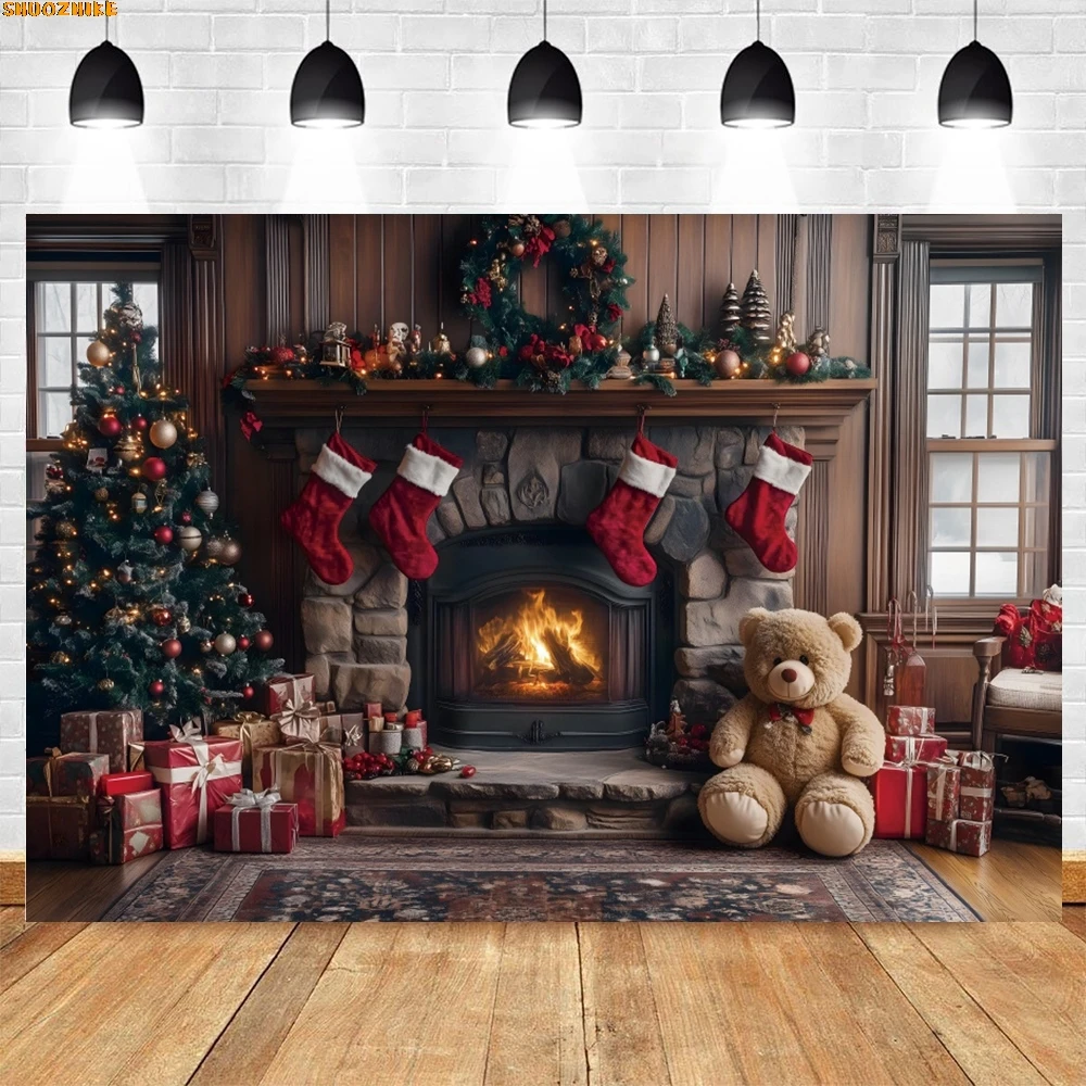 

Christmas Day Wreath Family New Year Party Photography Backdrops Prop Window Living Room Xmas Tree Gift Snow Background OZ-07